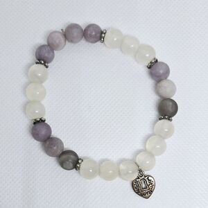 White & Lavender Quartz Beaded Stretch Bracelet w/ “Made With Love” Charm